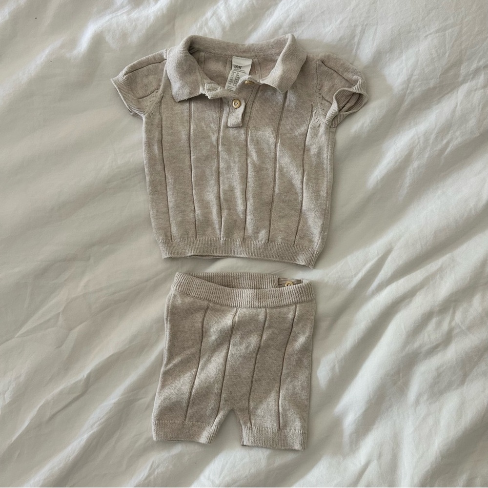 H&M Kids Matching Set in Light beige taupe knit organic cotton polo collar